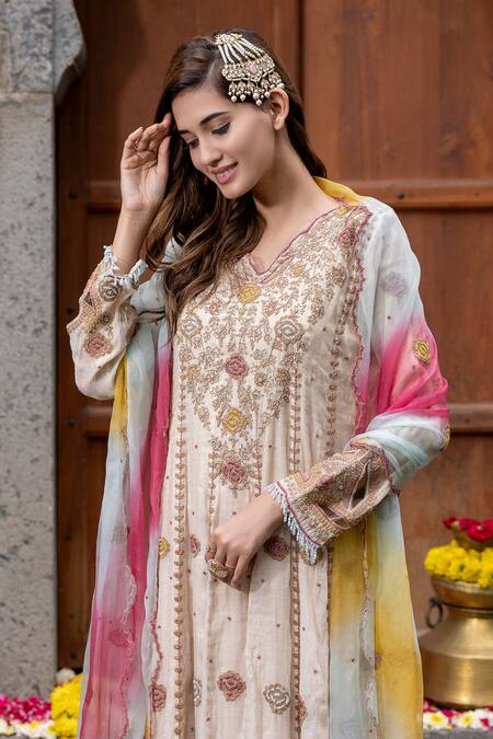 Shop_Farha Syed_Beige Chanderi Silk, Organza, Gingham Beads, Floral Thread Anarkali Palazzo Set _Online_at_Aza_Fashions