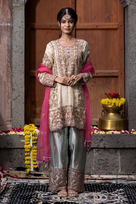 Farha Syed_Beige Chanderi Silk, Gabardine, Organza Floral Thread Cutwork Kurta Palazzo Set _Online_at_Aza_Fashions