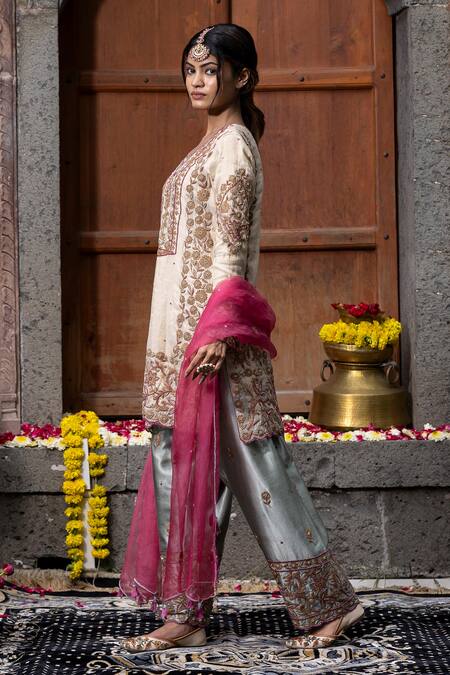 Buy_Farha Syed_Beige Chanderi Silk, Gabardine, Organza Floral Thread Cutwork Kurta Palazzo Set _Online_at_Aza_Fashions
