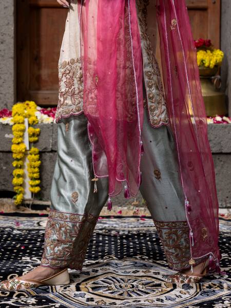 Shop_Farha Syed_Beige Chanderi Silk, Gabardine, Organza Floral Thread Cutwork Kurta Palazzo Set _Online_at_Aza_Fashions