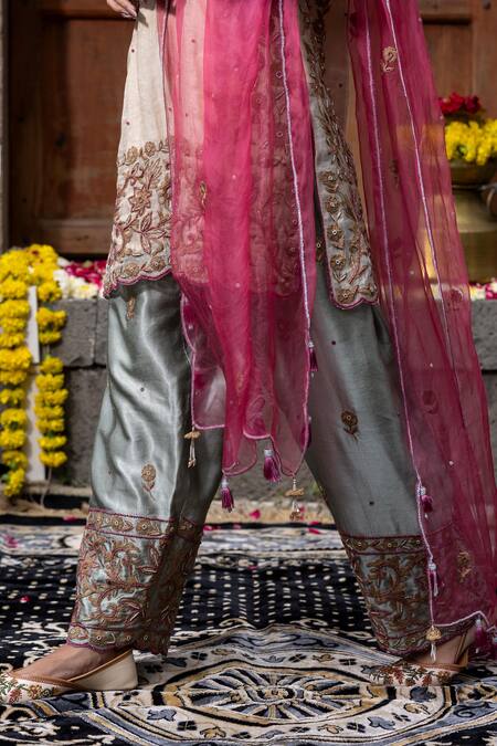 Farha Syed_Beige Chanderi Silk, Gabardine, Organza Floral Thread Cutwork Kurta Palazzo Set _at_Aza_Fashions