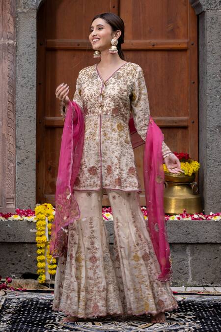 Shop_Farha Syed_Beige Chanderi Silk, Organza, Taffeta Rose Vine Dori Kalidar Sharara Set _Online_at_Aza_Fashions