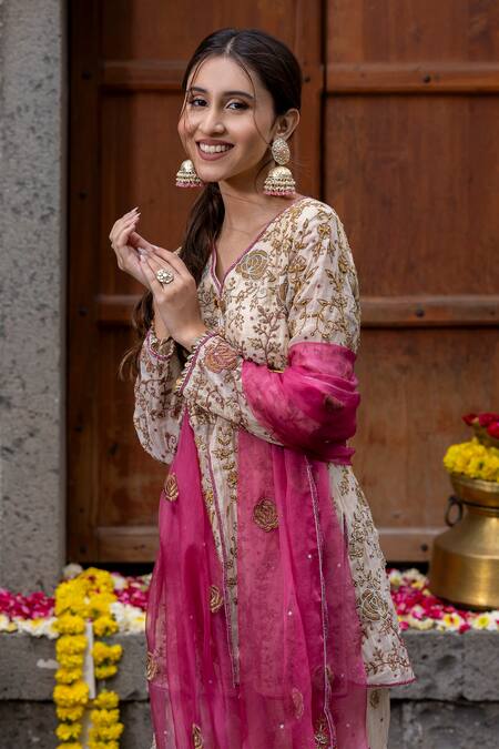 Farha Syed_Beige Chanderi Silk, Organza, Taffeta Rose Vine Dori Kalidar Sharara Set _at_Aza_Fashions