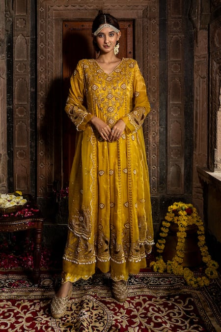 Farha Syed Yellow Chanderi Silk, Organza, Gingham, Floral Vine Anarkali Palazzo Set 