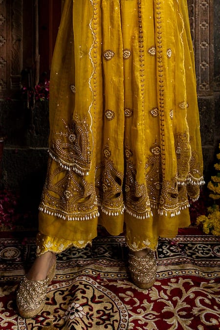 Buy Farha Syed Yellow Chanderi Silk, Organza, Gingham, Floral Vine Anarkali Palazzo Set Online at Aza Fashions Buy_Farha Syed_Yellow Chanderi Silk, Organza, Gingham, Floral Vine Anarkali Palazzo Set _Online_at_Aza_Fashions