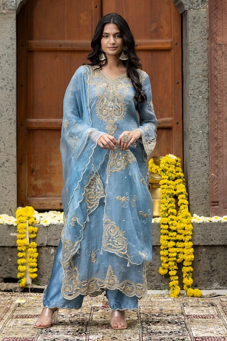 Buy_Farha Syed_Blue Chanderi Silk, Organza, Gingham Beads, Cut Vine Dori Kurta Palazzo Set _at_Aza_Fashions