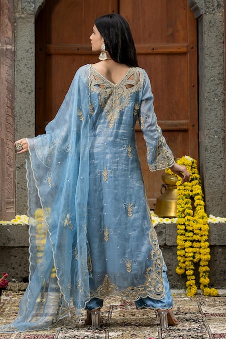 Shop_Farha Syed_Blue Chanderi Silk, Organza, Gingham Beads, Cut Vine Dori Kurta Palazzo Set _at_Aza_Fashions