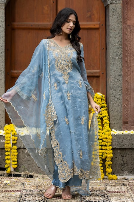 Farha Syed_Blue Chanderi Silk, Organza, Gingham Beads, Cut Vine Dori Kurta Palazzo Set _Online_at_Aza_Fashions