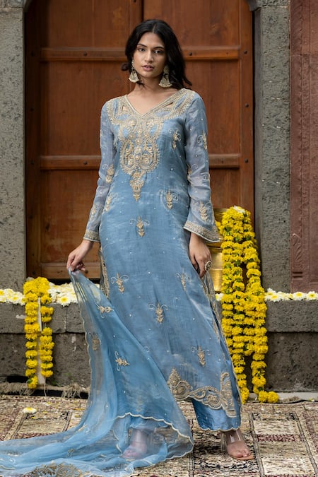 Buy_Farha Syed_Blue Chanderi Silk, Organza, Gingham Beads, Cut Vine Dori Kurta Palazzo Set _Online_at_Aza_Fashions