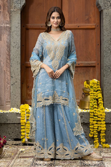 Farha Syed Blue Chanderi Silk, Organza, Taffeta Embroidery, Floral Swirl Kurta Sharara Set 