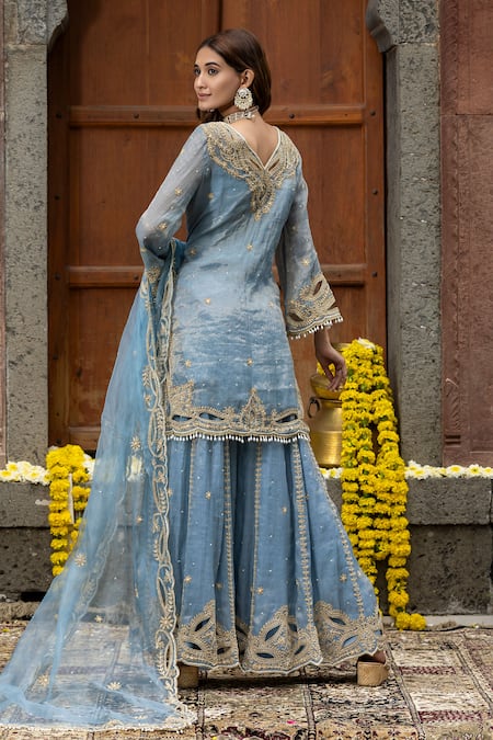 Shop_Farha Syed_Blue Chanderi Silk, Organza, Taffeta Embroidery, Floral Swirl Kurta Sharara Set _at_Aza_Fashions