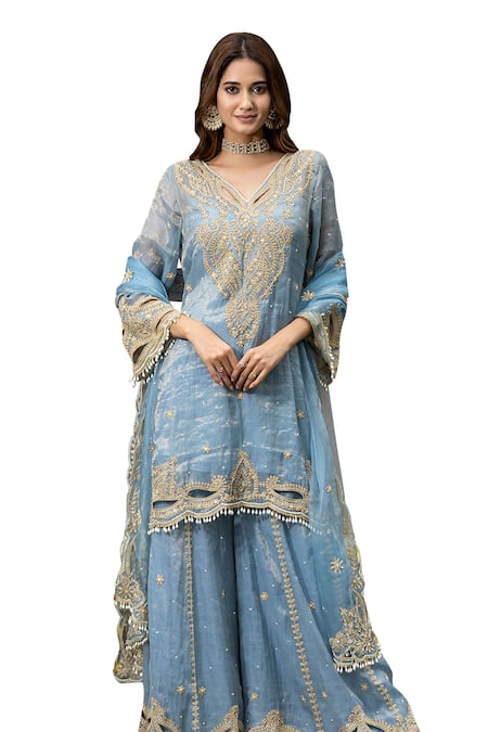 Buy_Farha Syed_Blue Chanderi Silk, Organza, Taffeta Embroidery, Floral Swirl Kurta Sharara Set _Online_at_Aza_Fashions