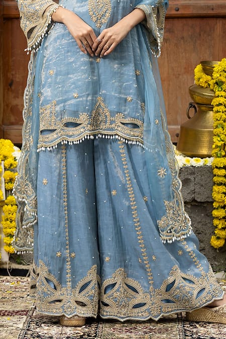 Shop_Farha Syed_Blue Chanderi Silk, Organza, Taffeta Embroidery, Floral Swirl Kurta Sharara Set _Online_at_Aza_Fashions