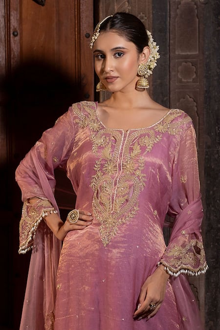 Farha Syed_Pink Chanderi Silk, Modal, Swirl Embroidered High-low Kurta Dhoti Pant Set _Online_at_Aza_Fashions