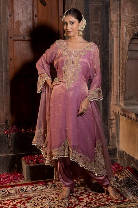 Buy_Farha Syed_Pink Chanderi Silk, Modal, Swirl Embroidered High-low Kurta Dhoti Pant Set _Online_at_Aza_Fashions