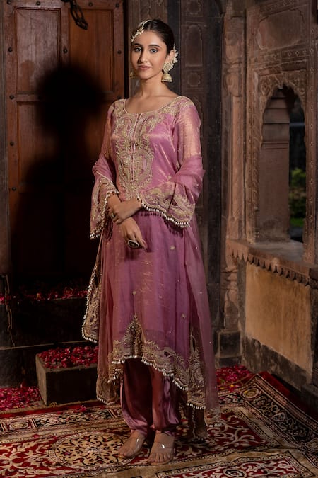 Shop_Farha Syed_Pink Chanderi Silk, Modal, Swirl Embroidered High-low Kurta Dhoti Pant Set _Online_at_Aza_Fashions