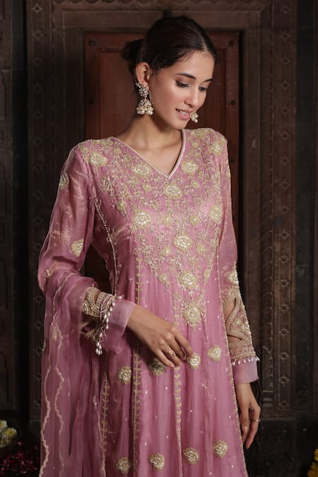 Farha Syed_Pink Chanderi Silk, Gingham, Organza Beads, Swirl Cutwork Anarkali Palazzo Set _Online_at_Aza_Fashions