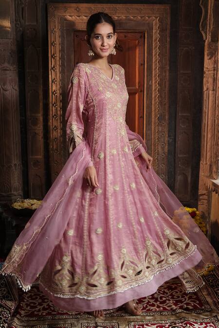 Buy_Farha Syed_Pink Chanderi Silk, Gingham, Organza Beads, Swirl Cutwork Anarkali Palazzo Set _Online_at_Aza_Fashions