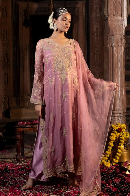 Farha Syed Pink Kurta Chanderi Silk Tissue Embroidered Bead Swirl Cutwork Palazzo Set 