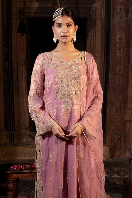 Buy_Farha Syed_Pink Chanderi Silk, Organza, Gingham Beads, Cut Swirl Cutwork Kurta Palazzo Set _Online_at_Aza_Fashions