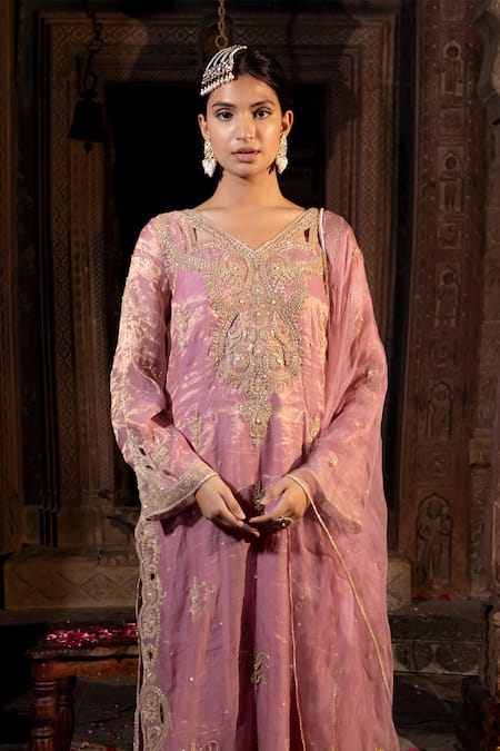 Shop_Farha Syed_Pink Chanderi Silk, Organza, Gingham Beads, Cut Swirl Cutwork Kurta Palazzo Set _Online_at_Aza_Fashions