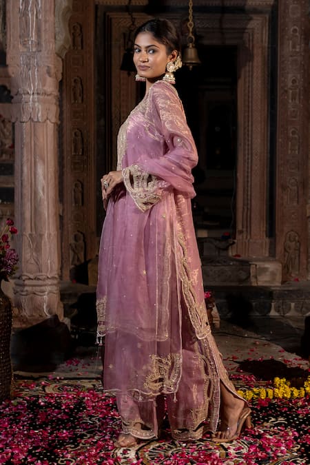 Shop_Farha Syed_Pink Chanderi Silk, Organza, Taffeta Cutwork Floral Vine Kurta Palazzo Set _Online_at_Aza_Fashions