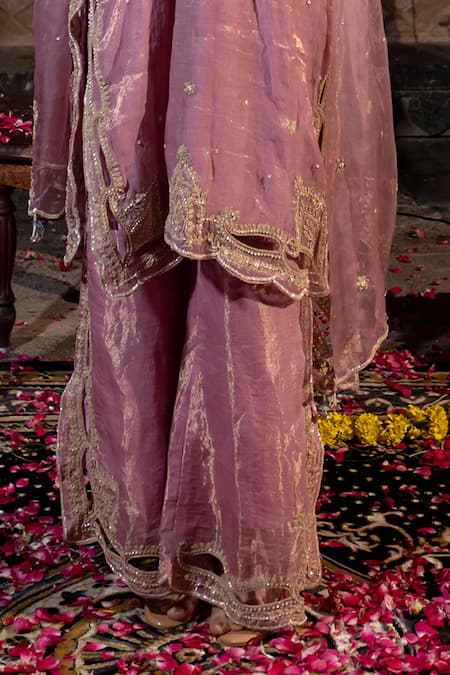 Farha Syed_Pink Chanderi Silk, Organza, Taffeta Cutwork Floral Vine Kurta Palazzo Set _at_Aza_Fashions