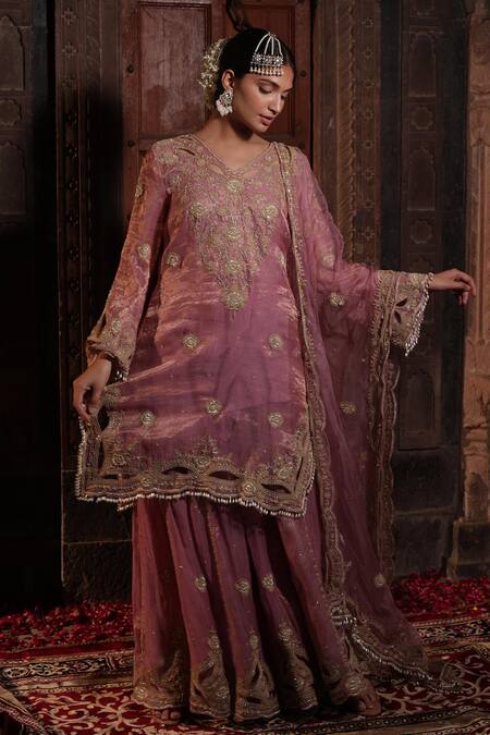 Farha Syed_Pink Chanderi Silk, Organza, Taffeta Embroidery, Floral Vine Kurta Sharara Set _Online_at_Aza_Fashions
