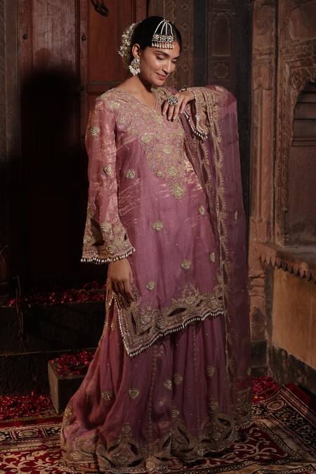 Shop_Farha Syed_Pink Chanderi Silk, Organza, Taffeta Embroidery, Floral Vine Kurta Sharara Set _Online_at_Aza_Fashions