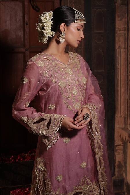 Farha Syed_Pink Chanderi Silk, Organza, Taffeta Embroidery, Floral Vine Kurta Sharara Set _at_Aza_Fashions
