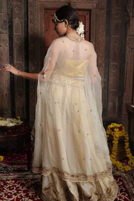 Shop_Farha Syed_Yellow Organza, Chanderi , Dori Floral High-low Cape Sharara Set _at_Aza_Fashions