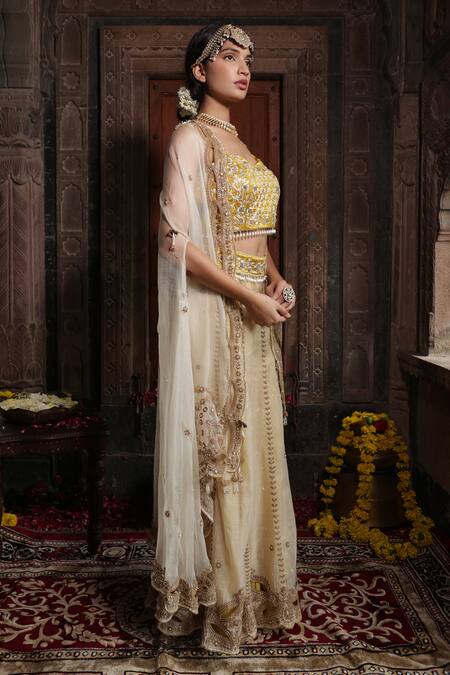 Buy_Farha Syed_Yellow Organza, Chanderi , Dori Floral High-low Cape Sharara Set _Online_at_Aza_Fashions