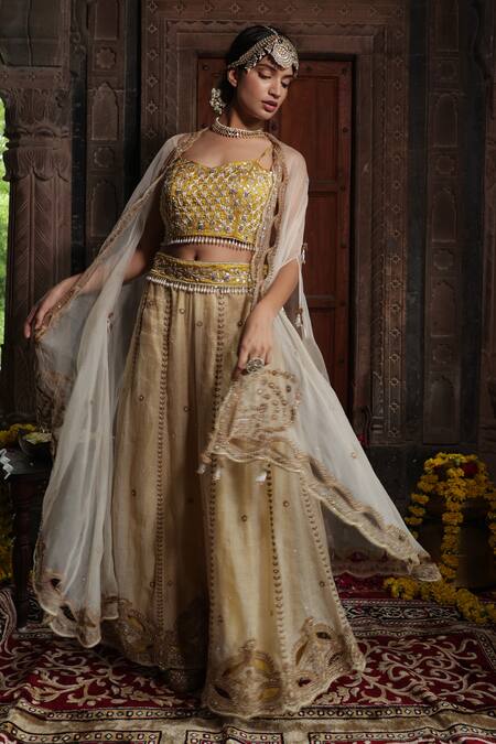 Shop_Farha Syed_Yellow Organza, Chanderi , Dori Floral High-low Cape Sharara Set _Online_at_Aza_Fashions
