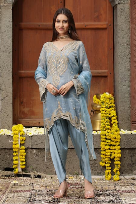 Farha Syed Blue Kurta Chanderi Silk Tissue Dori Thread High-low Dhoti Pant Set 