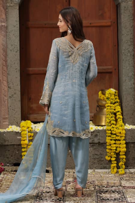 Shop Farha Syed Blue Chanderi Silk, Modal, Satin, Dori Thread High-low Kurta Dhoti Pant Set at Aza Fashions Shop_Farha Syed_Blue Chanderi Silk, Modal, Satin, Dori Thread High-low Kurta Dhoti Pant Set _at_Aza_Fashions