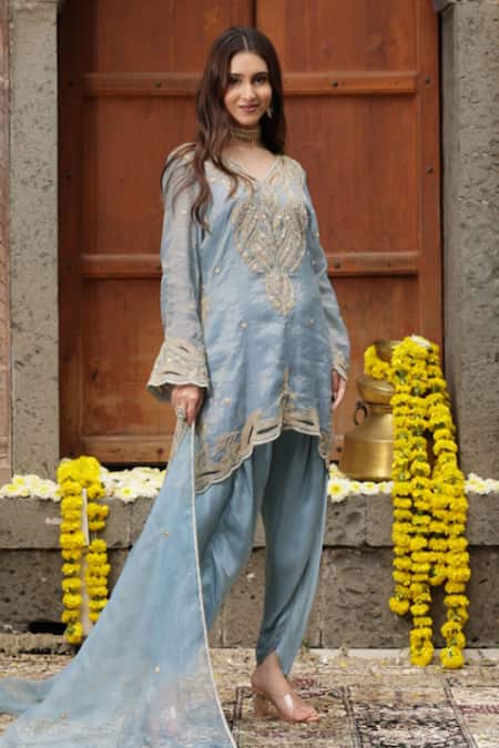 Farha Syed Blue Chanderi Silk, Modal, Satin, Dori Thread High-low Kurta Dhoti Pant Set Online at Aza Fashions Farha Syed_Blue Chanderi Silk, Modal, Satin, Dori Thread High-low Kurta Dhoti Pant Set _Online_at_Aza_Fashions