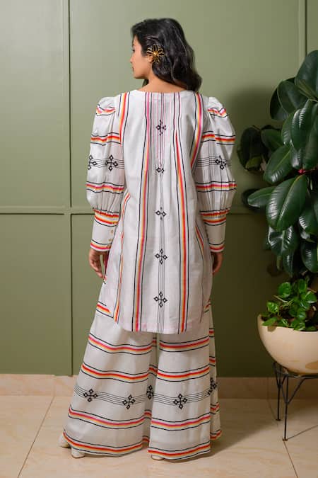 Shop_Prachi Kamat_White Chanderi, Linen Embroidery Astron Ray Vibe Print Kurta Palazzo Pant Set _at_Aza_Fashions