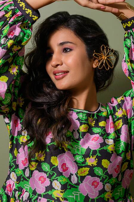 Buy_Prachi Kamat_Black Chanderi, Linen Crew Neck Bloom Art Print Gathered Midi Dress _Online_at_Aza_Fashions