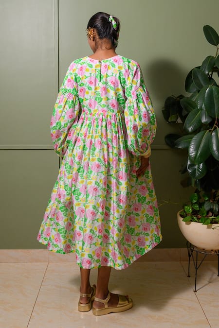 Shop Prachi Kamat White Chanderi Crew Neck Blossom Art Print Gathered Midi Dress at Aza Fashions Shop_Prachi Kamat_White Chanderi Crew Neck Blossom Art Print Gathered Midi Dress _at_Aza_Fashions