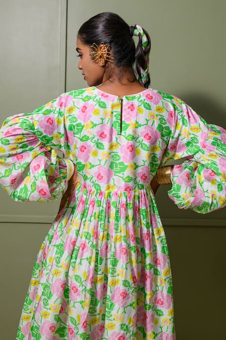 Shop Prachi Kamat White Chanderi Crew Neck Blossom Art Print Gathered Midi Dress Online at Aza Fashions Shop_Prachi Kamat_White Chanderi Crew Neck Blossom Art Print Gathered Midi Dress _Online_at_Aza_Fashions