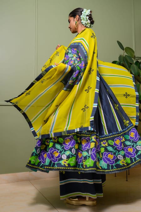 Shop Prachi Kamat Blue Organza, Chanderi, Linen Sequins, French Striped Bloom Print Anarkali Set at Aza Fashions Shop_Prachi Kamat_Blue Organza, Chanderi, Linen Sequins, French Striped Bloom Print Anarkali Set _at_Aza_Fashions