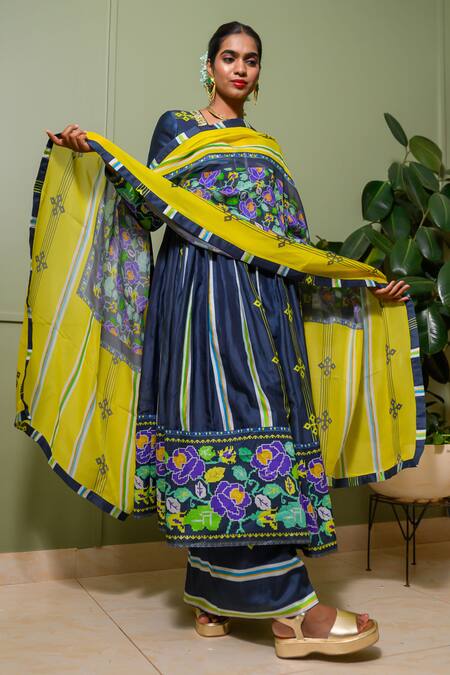 Prachi Kamat Blue Organza, Chanderi, Linen Sequins, French Striped Bloom Print Anarkali Set Online at Aza Fashions Prachi Kamat_Blue Organza, Chanderi, Linen Sequins, French Striped Bloom Print Anarkali Set _Online_at_Aza_Fashions