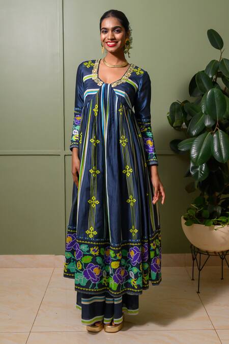 Buy Prachi Kamat Blue Organza, Chanderi, Linen Sequins, French Striped Bloom Print Anarkali Set Online at Aza Fashions Buy_Prachi Kamat_Blue Organza, Chanderi, Linen Sequins, French Striped Bloom Print Anarkali Set _Online_at_Aza_Fashions