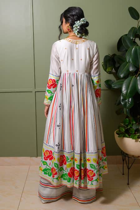 Buy Prachi Kamat White Organza, Chanderi, Linen French Striped Blossom Print Anarkali Set Online at Aza Fashions Buy_Prachi Kamat_White Organza, Chanderi, Linen French Striped Blossom Print Anarkali Set _Online_at_Aza_Fashions