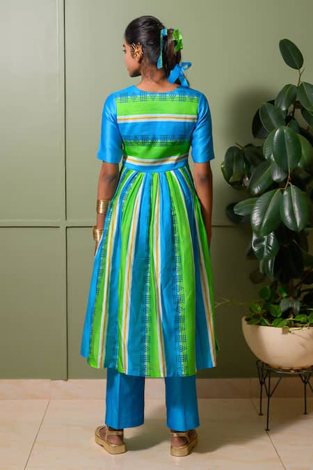 Shop Prachi Kamat Blue Chanderi, Linen Choker Neck Striped Folk Art Print Anarkali Set at Aza Fashions Shop_Prachi Kamat_Blue Chanderi, Linen Choker Neck Striped Folk Art Print Anarkali Set _at_Aza_Fashions