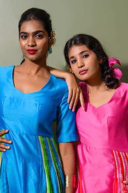 Prachi Kamat Blue Chanderi, Linen Choker Neck Striped Folk Art Print Anarkali Set Online at Aza Fashions Prachi Kamat_Blue Chanderi, Linen Choker Neck Striped Folk Art Print Anarkali Set _Online_at_Aza_Fashions