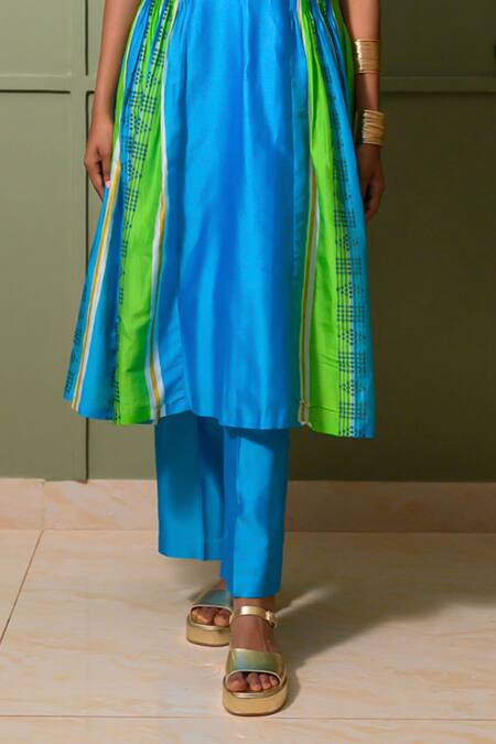 Buy Prachi Kamat Blue Chanderi, Linen Choker Neck Striped Folk Art Print Anarkali Set Online at Aza Fashions Buy_Prachi Kamat_Blue Chanderi, Linen Choker Neck Striped Folk Art Print Anarkali Set _Online_at_Aza_Fashions