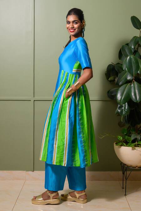 Shop Prachi Kamat Blue Chanderi, Linen Choker Neck Striped Folk Art Print Anarkali Set Online at Aza Fashions Shop_Prachi Kamat_Blue Chanderi, Linen Choker Neck Striped Folk Art Print Anarkali Set _Online_at_Aza_Fashions
