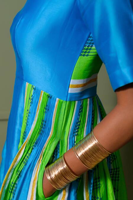 Prachi Kamat Blue Chanderi, Linen Choker Neck Striped Folk Art Print Anarkali Set at Aza Fashions Prachi Kamat_Blue Chanderi, Linen Choker Neck Striped Folk Art Print Anarkali Set _at_Aza_Fashions