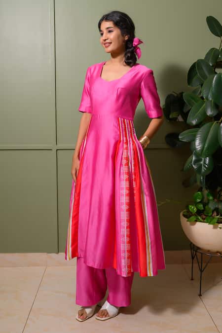 Buy Prachi Kamat Pink Chanderi, Linen Choker Neck Striped Art Print Anarkali Set Online at Aza Fashions Buy_Prachi Kamat_Pink Chanderi, Linen Choker Neck Striped Art Print Anarkali Set _Online_at_Aza_Fashions